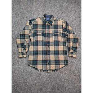Pendleton Shirt Mens Medium Green Beige Plaid Wool Flannel Outdoorsman USA